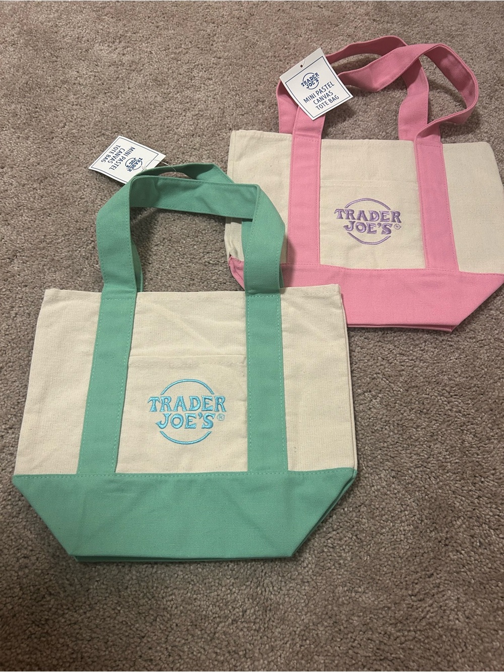 Brand New- Trader Joe's Mini Pastel Canvas Tote Bag - Pink & Mint